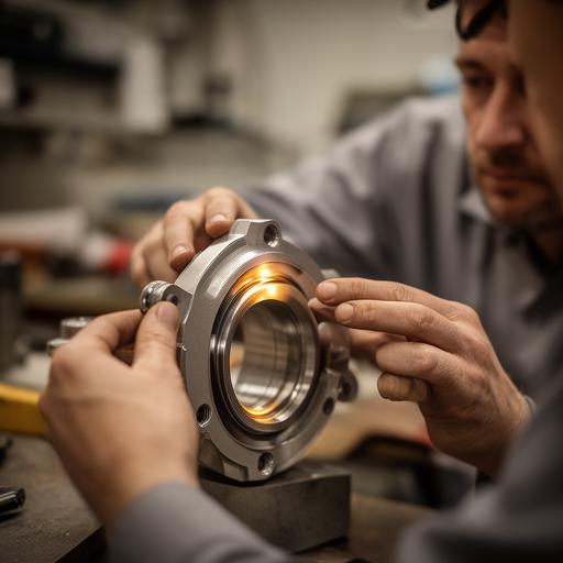 Quality engineer reviewing defect markings on a finished industrial part