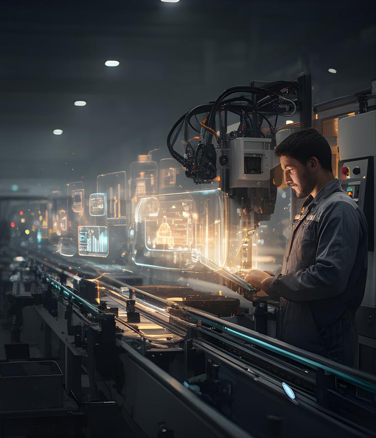Industrial engineer reviewing a predictive maintenance dashboard beside a production line with glowing equipment health indicators